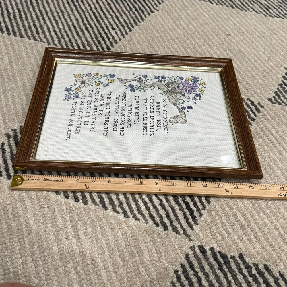 Vintage Handmade Cross Stitch Framed Wall Art Thank You Mom Poem Floral Decor‎